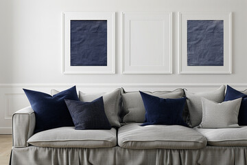 A modern living room with a gray linen sofa, navy blue pillows, and four empty white frames as a potential gallery.