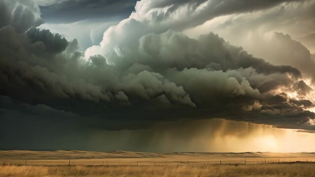Dramatic stormy sky over the river at sunset. Nature composition, AI Generated