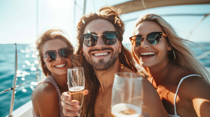 Group of friends having fun together and drinking champagne while sailing in the sea on luxury...