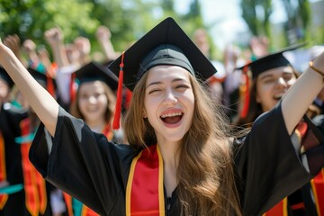 Joyful Caucasian woman graduate smiling amidst a shower of confetti during a graduation celebration