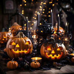 Halloween pumpkins with candles on wooden table and dark background.