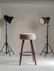 Studio Setup with Small Stool and Studio Lights on White Background Generative AI