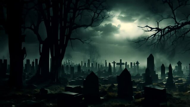 Spooky graveyard at night with full moon, 3d render illustration, AI Generated