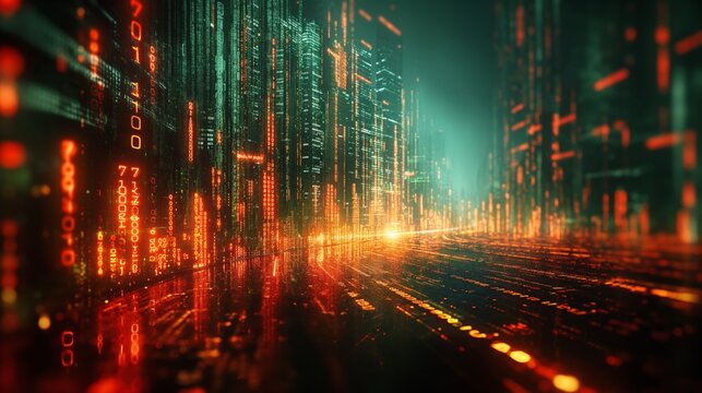 Futuristic digital cityscape with glowing binary code resembling rain in a cyberpunk aesthetic.