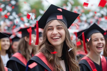 Joyful Caucasian woman graduate smiling amidst a shower of confetti during a graduation celebration