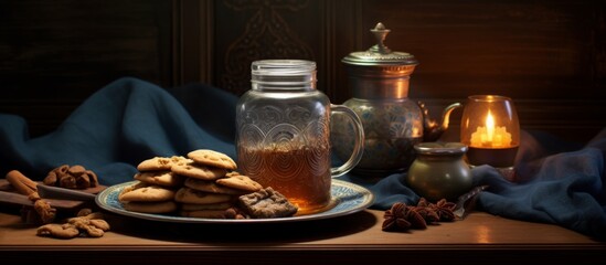 On the table, there is a plate of cookies and a jar of honey. The food items are arranged next to coffee cups and drinkware