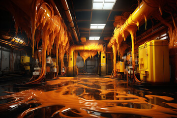 An industrial corridor is awash with brown liquid, conjuring images of a chocolatiers or colours...