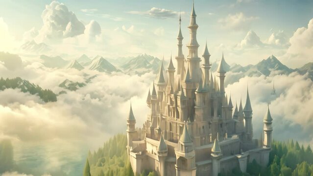 Beautiful fantasy castle in the clouds. 3d render illustration, AI Generated