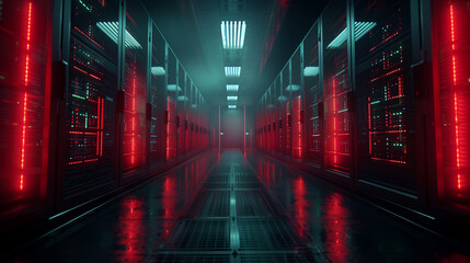 Modern Data Technology Center Server Racks in Dark Room with VFX. Visualization Concept of Internet of Things, Data Flow, Digitalization of Internet Traffic. Complex Electric Equipment Warehouse