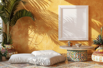 A Moroccan-inspired space with floor cushion, mosaic table, and white frame mockup for a global touch.