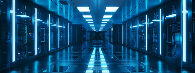 Futuristic Data Center with Blue LED Lights - Server Room - obrazy, fototapety, plakaty