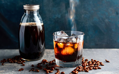 A bottle of cold brew coffee and ice in glass ready for prepare cold brew drink