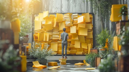 A miniature person appears to be organizing a wall of glowing digital folders on a computer screen, a creative representation of digital transformation. - obrazy, fototapety, plakaty