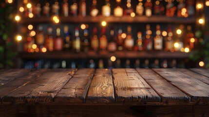 Rustic Wooden Board and Alcohol Bottles Arranged on Shelves in a Serene Background Generative AI - obrazy, fototapety, plakaty
