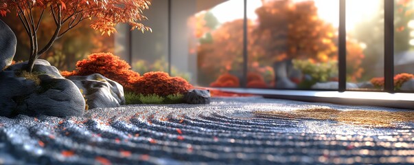 A tranquil Zen garden featuring a radiant autumn maple tree and a meticulously raked pebble path, creating a peaceful and meditative space for banner - obrazy, fototapety, plakaty