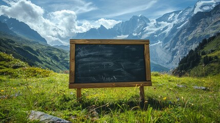 Solitary Blackboard Against a Backdrop of the Swiss Alps and Blue Sky Generative AI