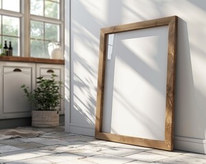 Traditional Kitchen Interior with Oak Picture Frame Leaning Against Tile Floor Generative AI