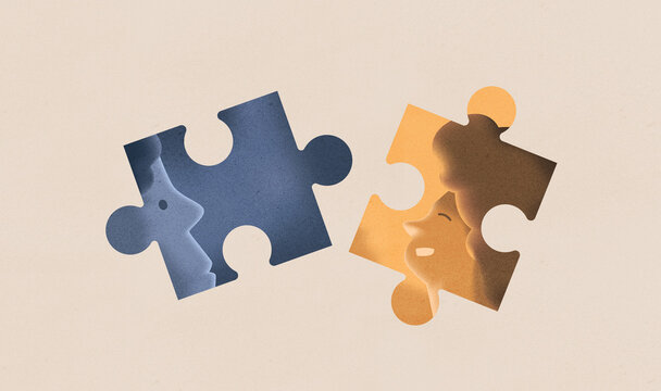 Diverse puzzle of multiracial people coming together in unity.