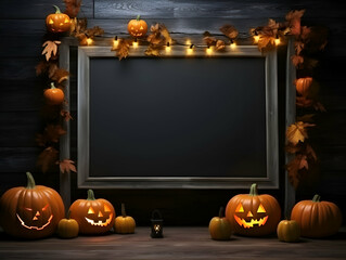 Halloween background with pumpkins and blackboard. 3d render
