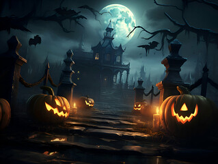Halloween with pumpkins and haunted house. 3d render