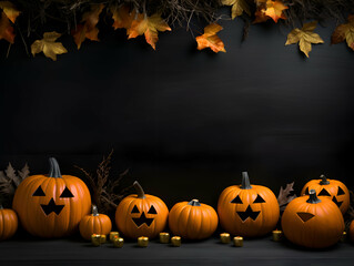 Halloween background with pumpkins and autumn leaves.