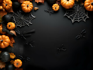 Halloween background with pumpkins. spiders and autumn leaves on black background