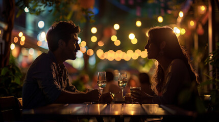 Young Beautiful Couple is Having a Romantic Date at a Cafe at Night. Happy Man and Woman Sitting on a Terrace and Having Fun Conversations During Their Dinner Together in City Center on Weekend