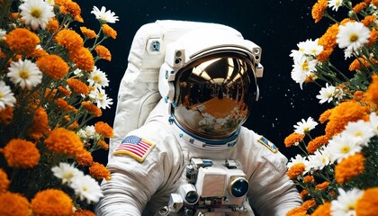 An astronaut in space among yellow bright flowers on a dark background. Creative, colorful fantasy art. Concept for background, wallpaper, greeting cards, print