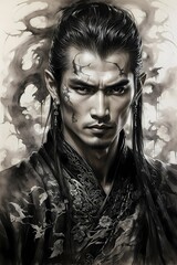 A hauntingly handsome Chinese warrior made with ink on old rice paper, handmade painting, traditional art style.