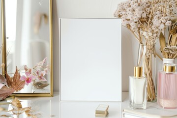 Close-up of a White Framed Artwork on a Dressing Table with Perfume Bottles Generative AI