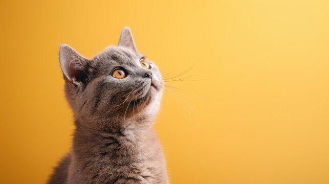 Cute Banner with a British Shorthair Cat Looking Up on Solid Soft Yellow Background, Space for Text