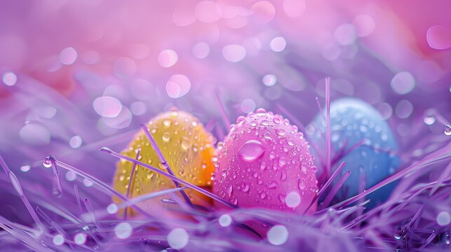 Vibrant Easter Celebration: Three Colorful Eggs on Dew-Kissed Purple Grass Against a Pink and Purple Backdrop