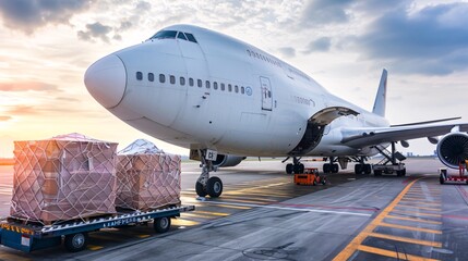 Cargo plane loading on runway with packages