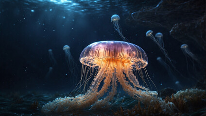 Fototapeta na wymiar Glowing jellyfish high quality wallpaper