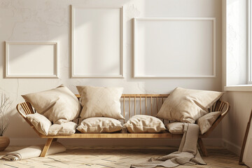 A warm, inviting room with a wooden sofa, neutral-toned cushions, and empty white frames for decoration.