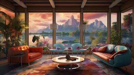 a vibrant AI representation of a living room with expansive windows showcasing an island vista and vibrant natural surroundings