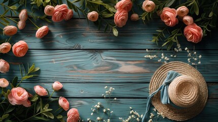 Fundo fotográfico do Dia das Mães com tulipas e fundo de madeira azul. Representação: amor materno, celebração, laços familiares, gratidão. - obrazy, fototapety, plakaty