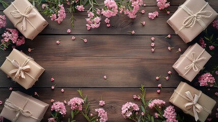 Fundo fotográfico do Dia das Mães com flores no fundo de madeira. Representação: amor materno, celebração, laços familiares, gratidão.