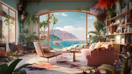 a virtual living room through AI, incorporating an island backdrop with a burst of lively and colorful natural elements