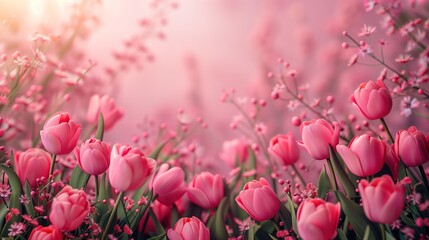 Fundo fotográfico do Dia das Mães com tulipas e fundo rosa. Representação: amor materno, celebração, laços familiares, gratidão. - obrazy, fototapety, plakaty