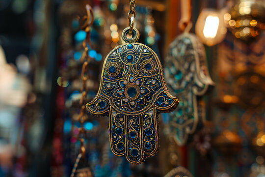A blue and gold hand shaped pendant hanging from a chain