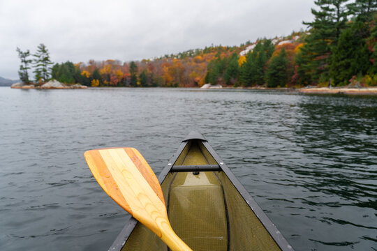 Canoe with Wood Paddle and Autumn Wilderness Forest