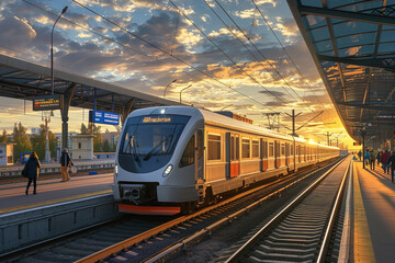 An Aeroexpress train entering Moscow's Skolkovo station against a backdrop of a serene sky and passengers. - obrazy, fototapety, plakaty