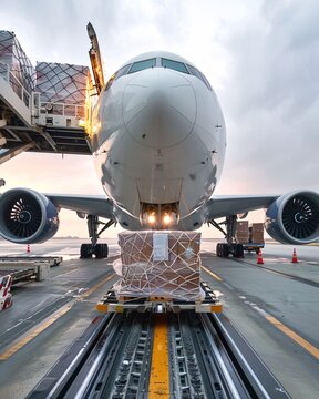 Cargo plane loading on runway with packages
