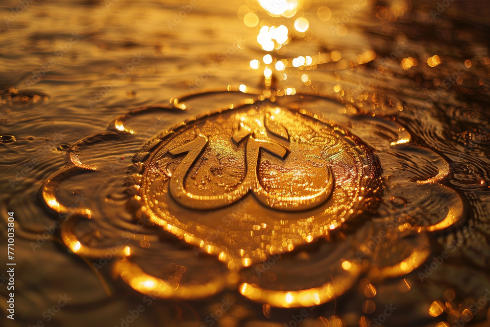 Poster a gold object with the word allah written on it is floating in water
