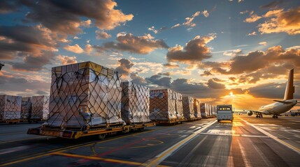 Cargo plane loading on runway with packages