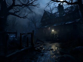 Halloween night scene with haunted house in the forest. 3D rendering