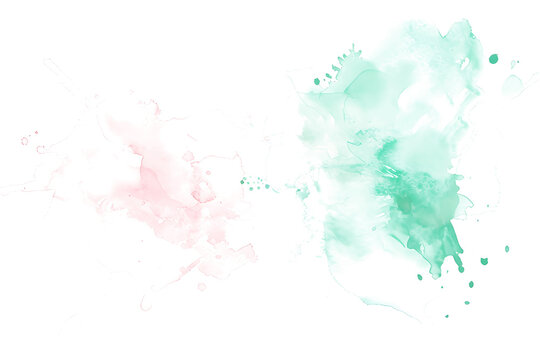 Pastel pink and mint green watercolor blobs blending on white background.