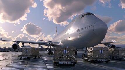 Cargo plane loading on runway with packages