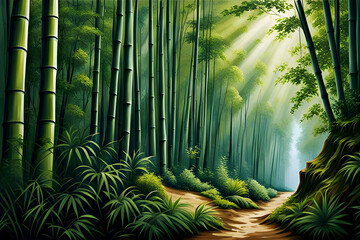 beautiful landscape painting of peaceful bamboo grove bathed in sunlight - quiet, serene, Japanese garden - trees, ferns, leaves, rays of sunlight